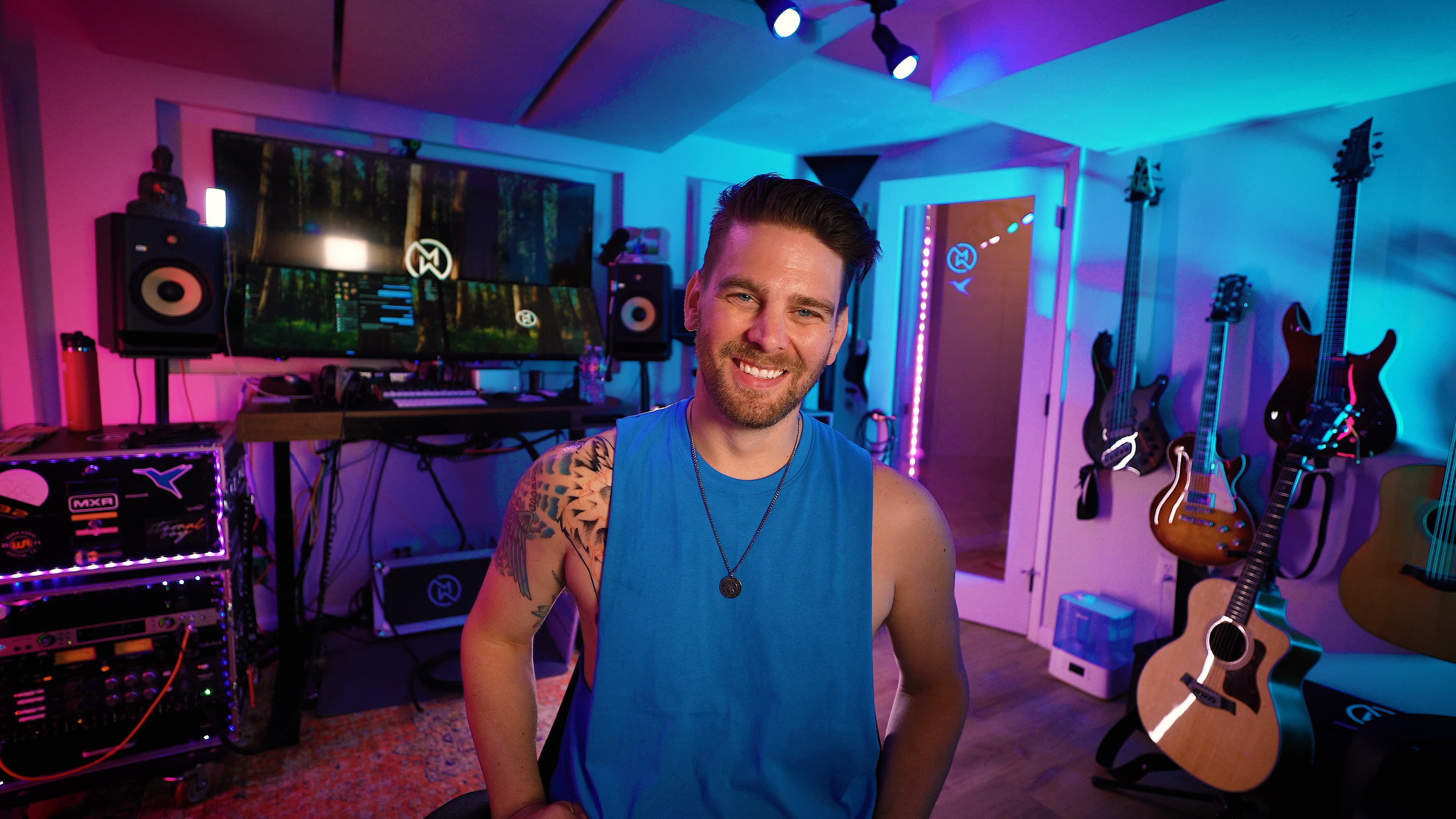 Matt Winwood in his recording studio with guitars and rack equipment
