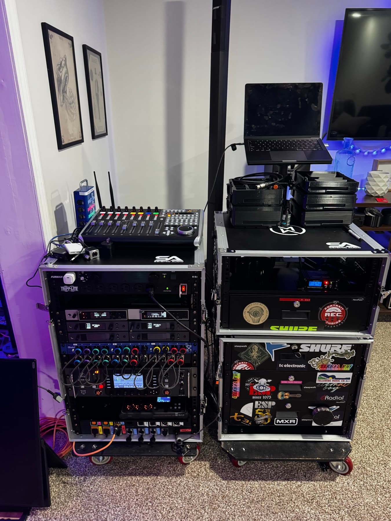 Matt's complete live system with the monitor rack and playback and guitar rack side by side