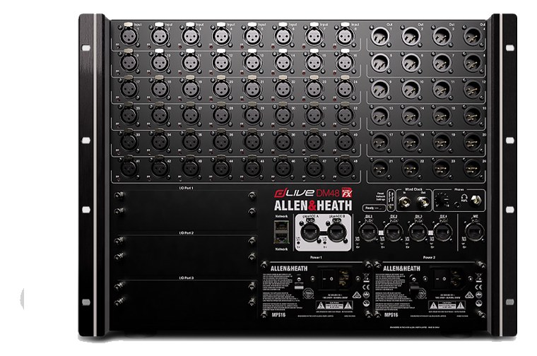 Allen & Heath dLive DM48 MixRack — rear connector panel with XLR I/O and option card slots