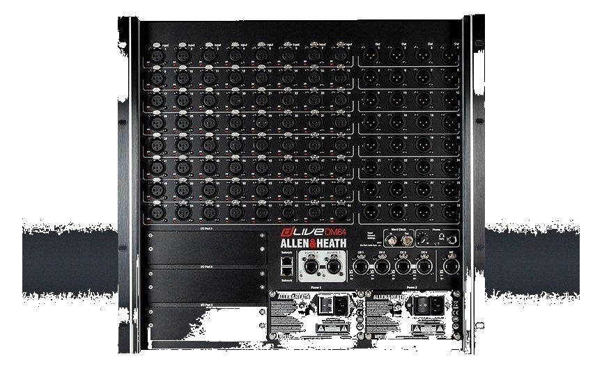 Allen & Heath dLive DM64 MixRack — front panel with 64 input sockets, I/O ports and dual power supplies