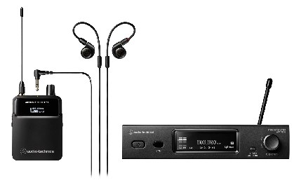 Audio-Technica ATW-3255 IEM system — bodypack receiver with ATH-E40 earphones and half-rack transmitter