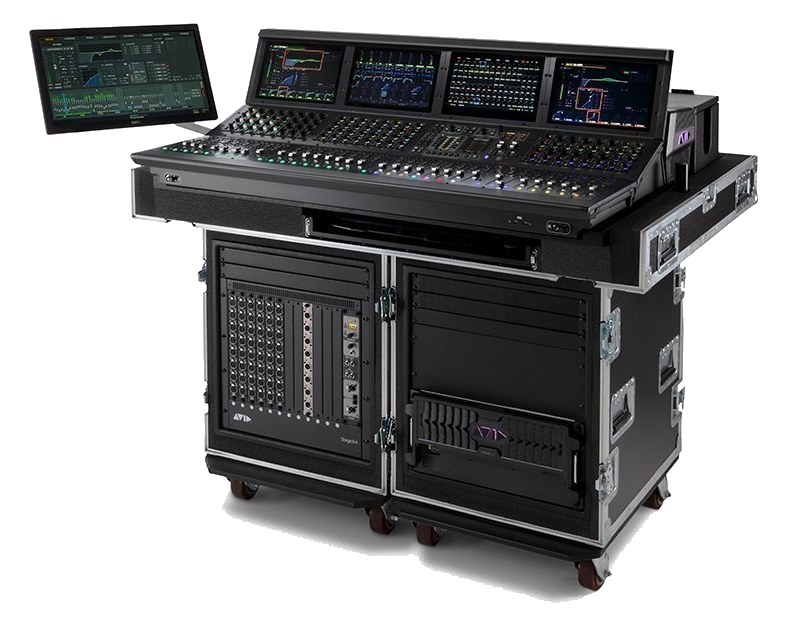 Avid VENUE S6L-32D system — 32-fader surface with engine and Stage 64 rack in touring flightcases