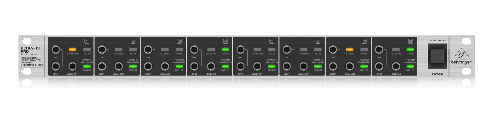 Behringer original DI800 front panel, eight input/link/unbalanced-output channels, not DI800 V2