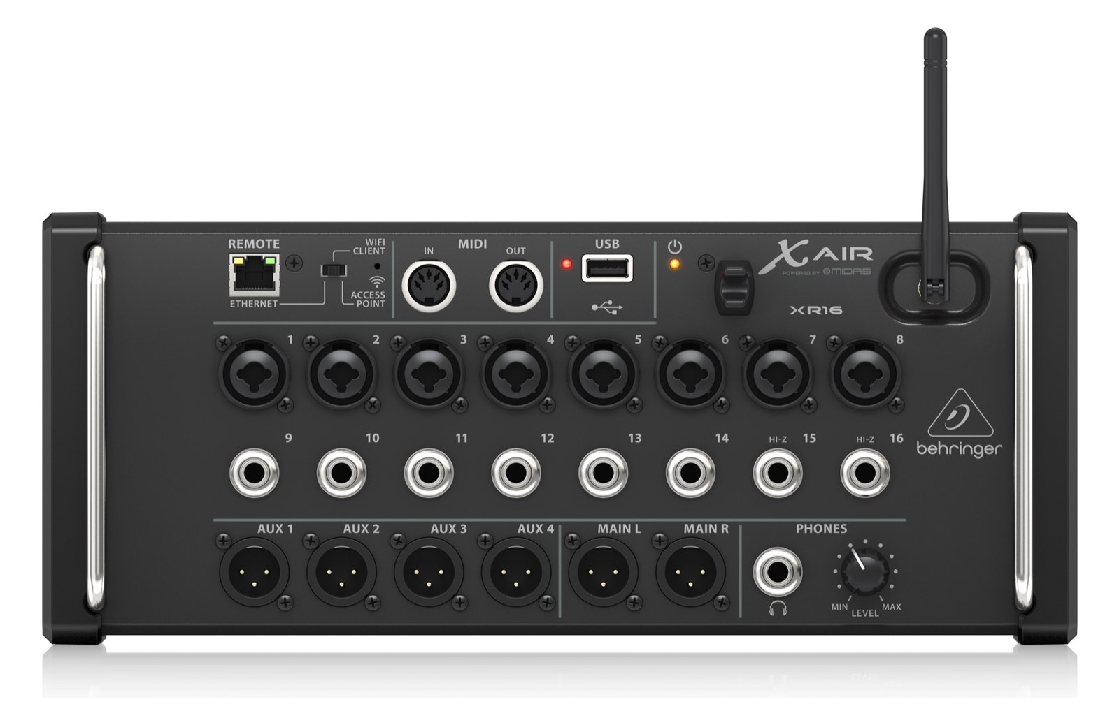 Behringer X Air XR16 — top face with eight combo and eight line inputs, aux and main XLR outs