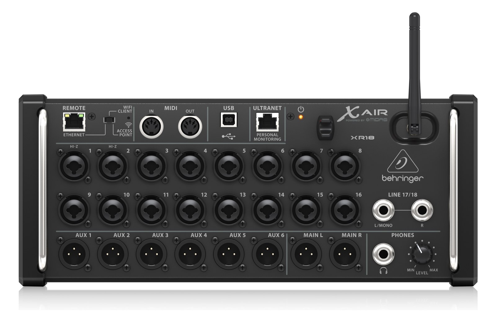 Behringer X Air XR18 — top face with sixteen combo inputs, Ultranet port and Wi-Fi antenna