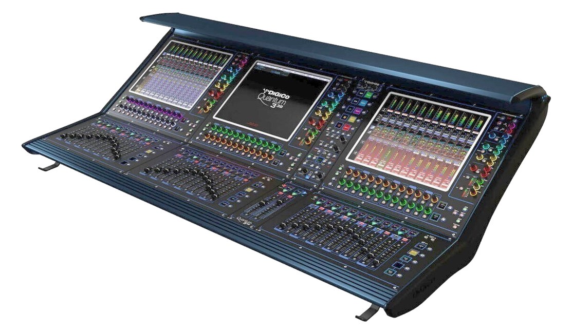 DiGiCo Quantum 338 — three-quarter render of the three-screen console with multicolor rotaries