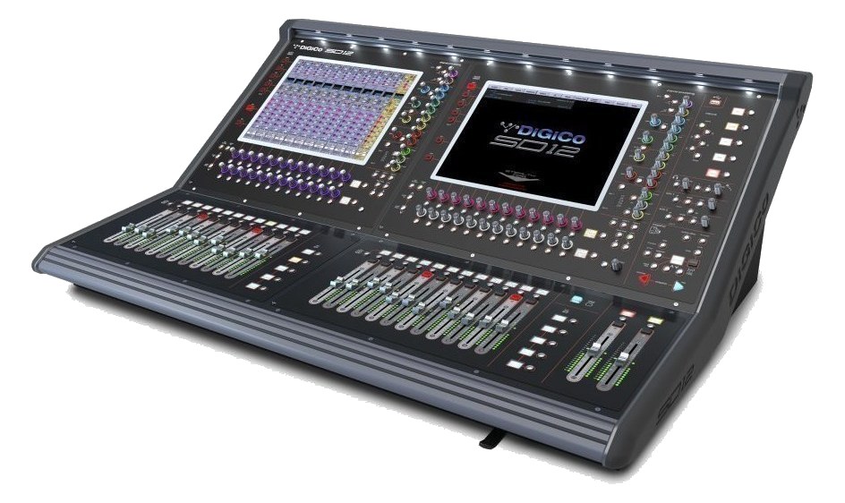 DiGiCo SD12 — three-quarter render of the dual-screen console