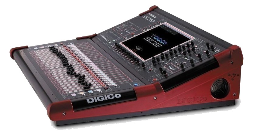 DiGiCo SD9 — three-quarter render of the red-trimmed compact console