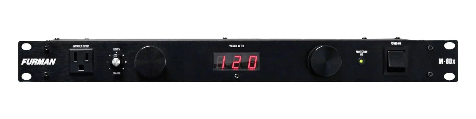 Furman M-8Dx — 1U front panel with voltage meter, dimmable lights knobs and switched outlet