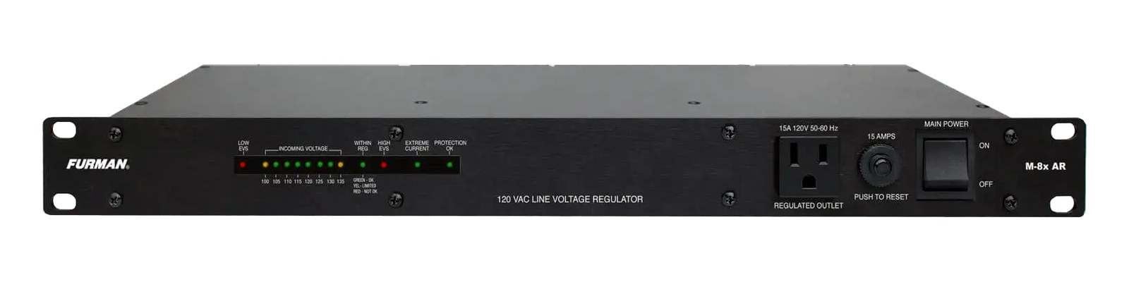 Furman M-8x AR voltage regulator — 1U front panel with incoming-voltage LED ladder