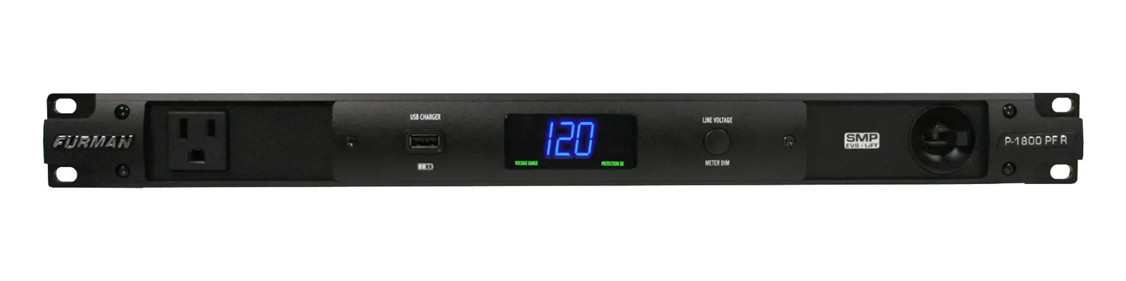 Furman P-1800 PF R — 1U front panel with USB charger, blue voltmeter and 20A outlet
