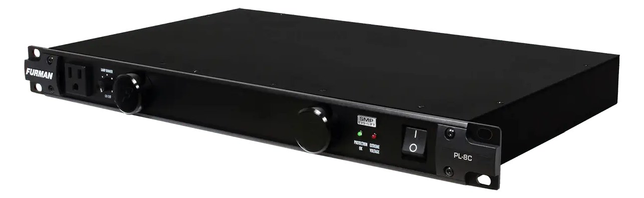 Furman PL-8C — 1U three-quarter view with retractable light knobs and front outlet
