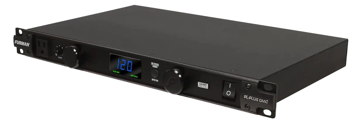 Furman PL-Plus DMC — 1U three-quarter view with digital voltmeter/ammeter and front outlet