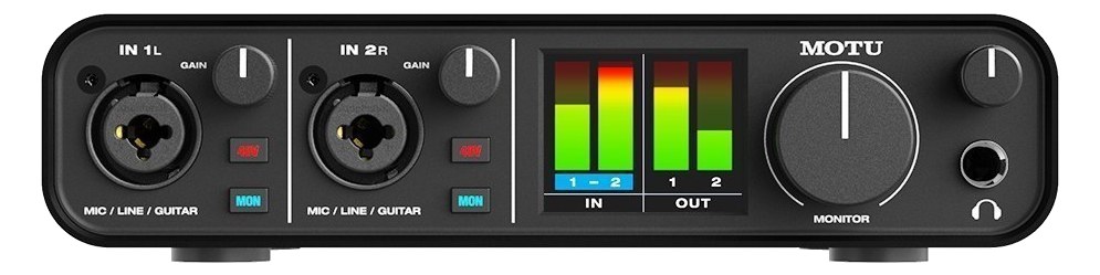 MOTU M2 — front panel with combo inputs, gain knobs and full-color level meters