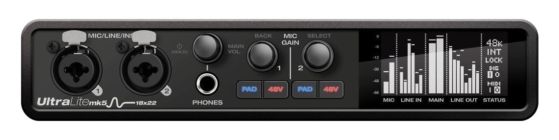 MOTU UltraLite-mk5 — front panel with combo inputs, headphone out and LCD metering