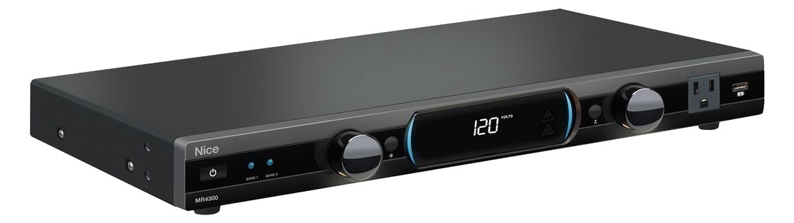 Panamax MR4300 — three-quarter view with voltmeter display, bank LEDs and front outlet/USB