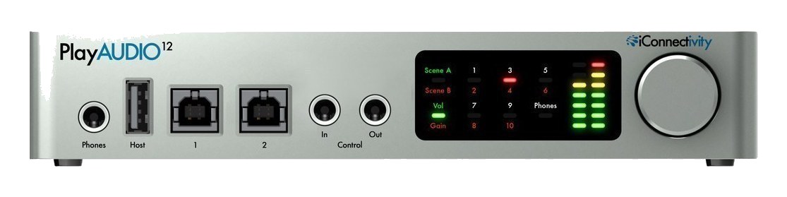 iConnectivity PlayAUDIO12 — front panel with host USB ports, scene indicators and meters