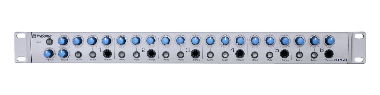 PreSonus HP60 — 1U front panel with six headphone channels, talkback and A/B mix knobs