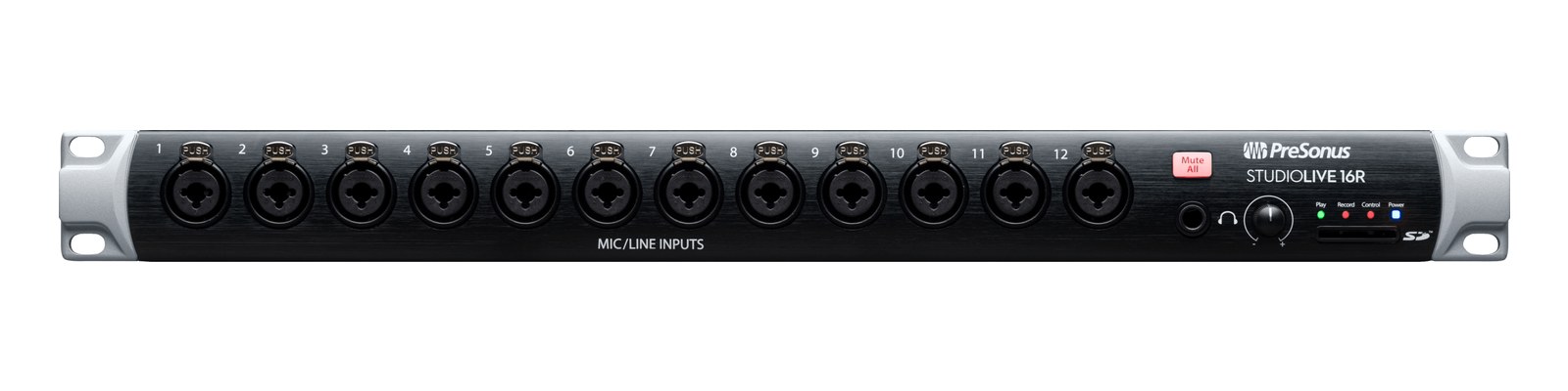 PreSonus StudioLive 16R — 1U front panel with twelve combo mic/line inputs and headphone out