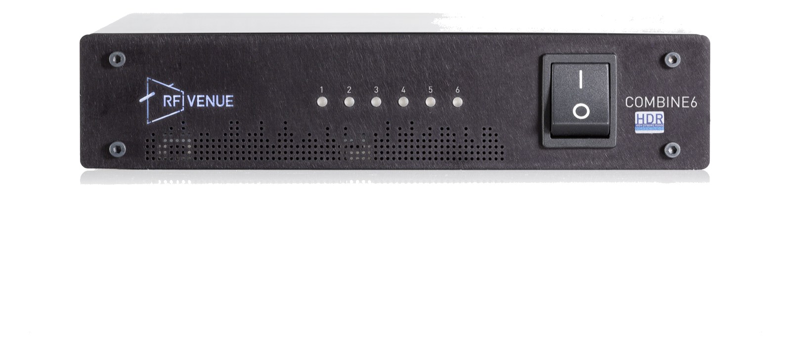 RF Venue COMBINE6 HDR — half-rack front panel with six channel LEDs