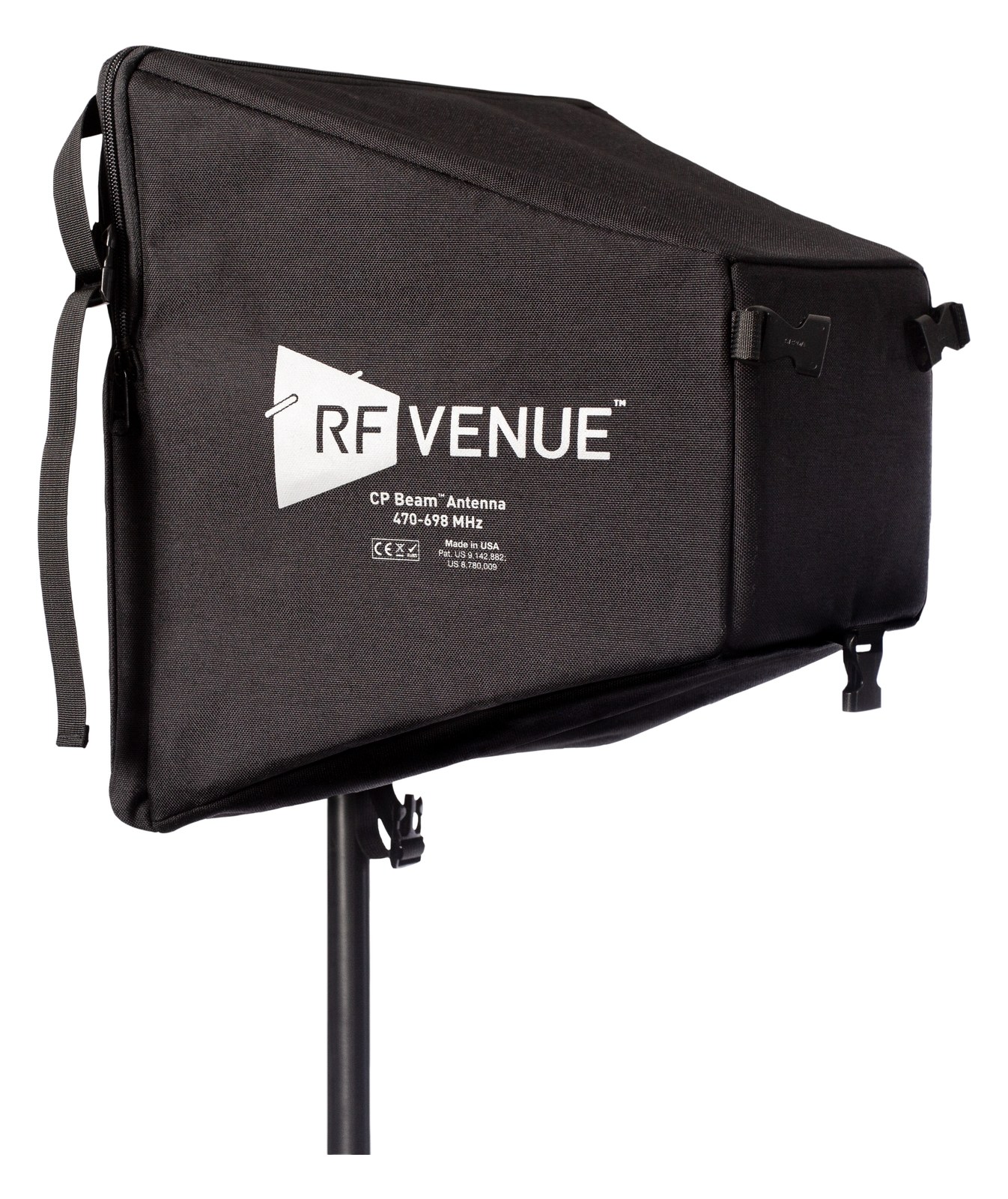 RF Venue CP Beam helical antenna deployed on a stand — front