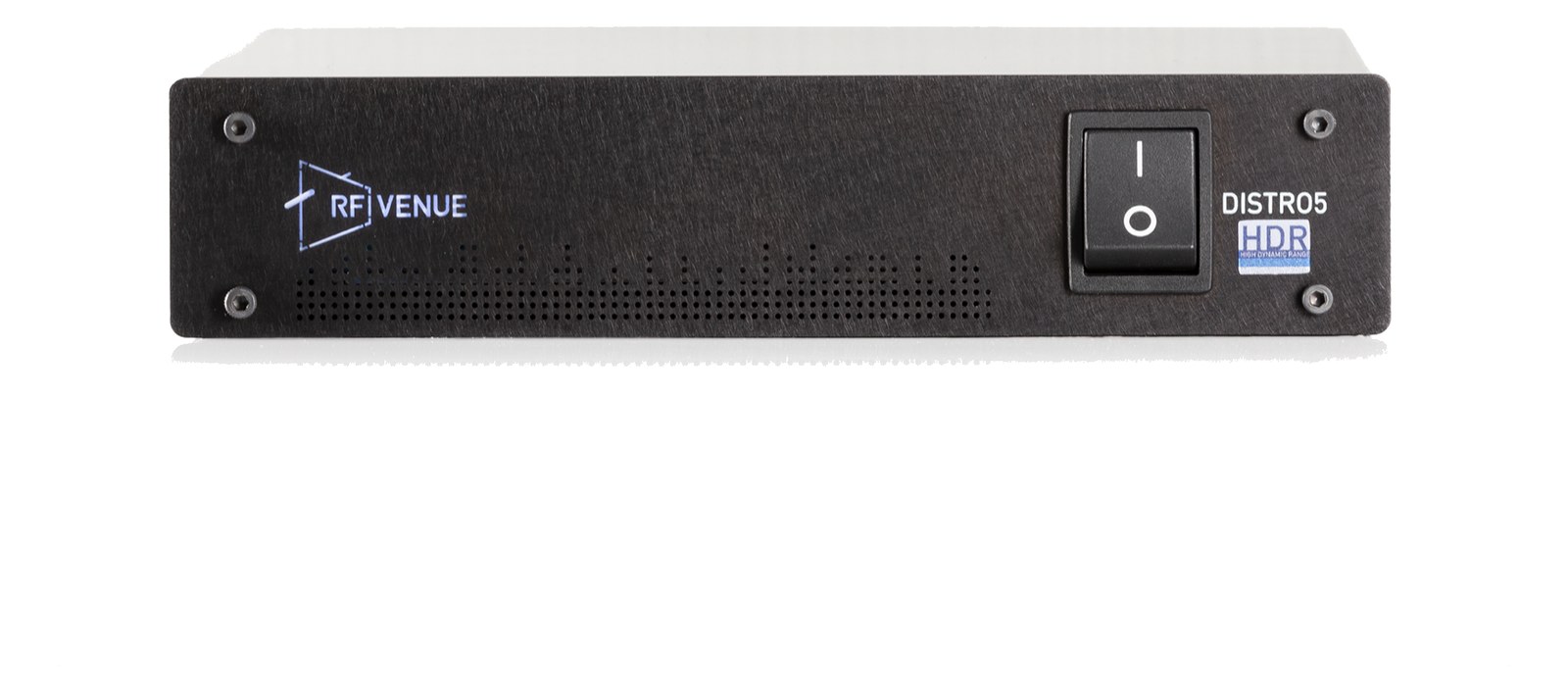 RF Venue DISTRO5 HDR — half-rack front panel with vented grille and power switch