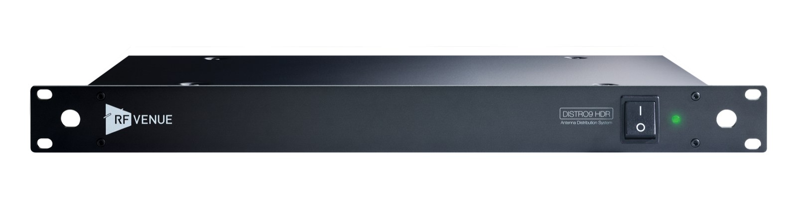 RF Venue DISTRO9 HDR — 1U front panel with power switch and status LED