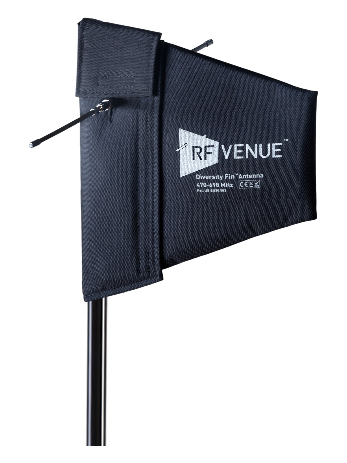 RF Venue Diversity Fin Antenna on a mic stand — cross-polarized LPDA + dipole fin, front