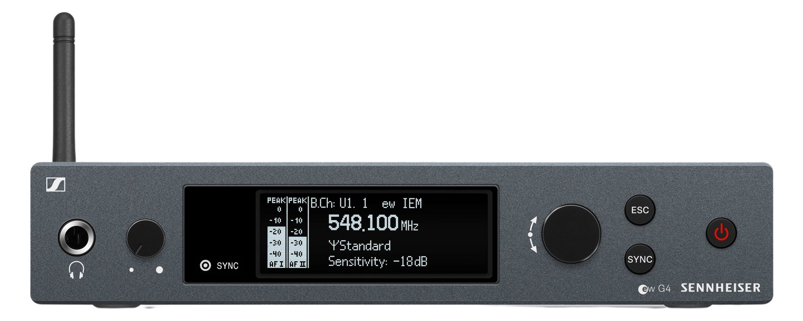 Sennheiser EW IEM G4 Transmitter — front panel with antenna