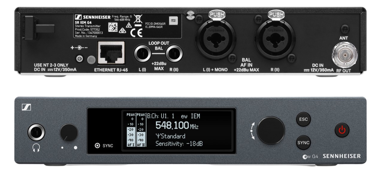 Sennheiser SR IEM G4 stereo transmitter — front panel plus rear panel with combo XLR inputs, loop outs and RF out
