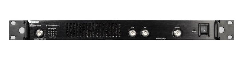 Shure PA421B four-input PSM antenna combiner — 1U front panel with BNC expansion ports