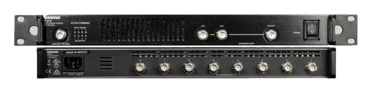 Shure PA821B eight-input PSM antenna combiner — front and rear panels shown