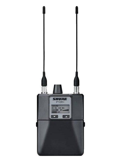 Shure P10R+ diversity bodypack receiver — front view with twin antennas and LCD