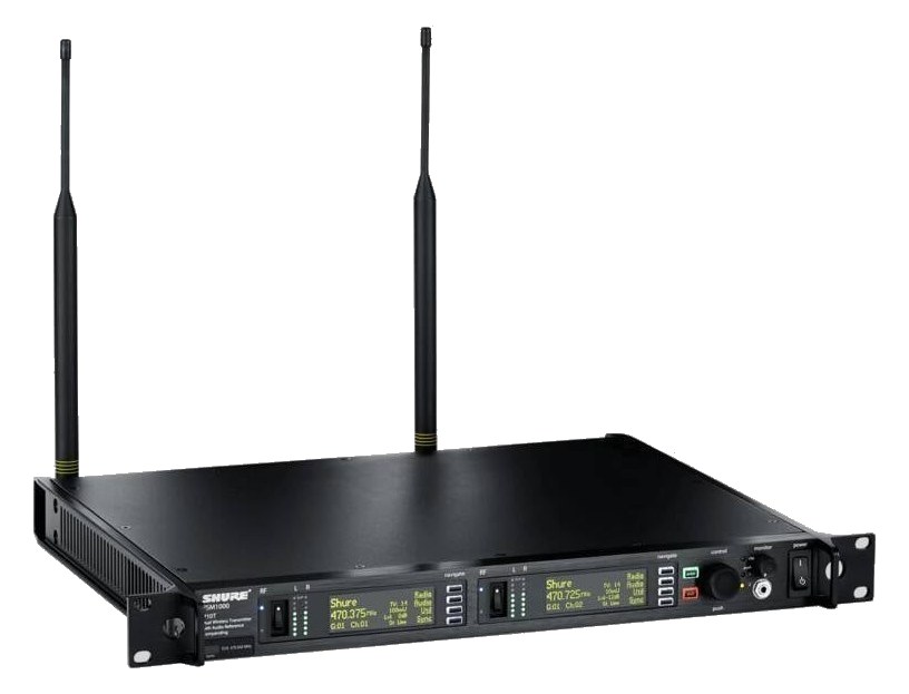 Shure P10T dual-channel PSM1000 transmitter — 1U front panel in three-quarter view with both antennas