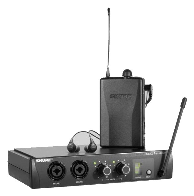 Shure PSM200 system — TransMixer half-rack transmitter with bodypack receiver and earphones