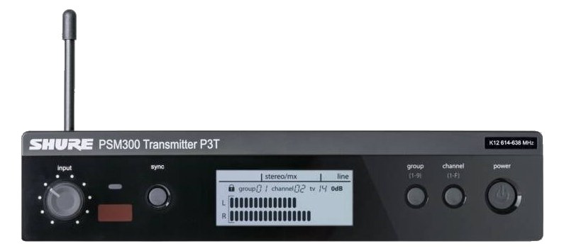 Shure P3T PSM300 half-rack transmitter — front panel with stereo/mix display and group/channel buttons