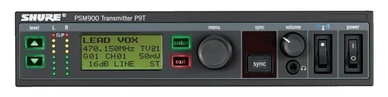 Shure P9T PSM900 half-rack transmitter — front panel with LCD, sync and volume controls