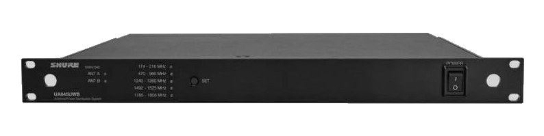 Shure UA845UWB antenna/power distribution — 1U front panel with band LEDs