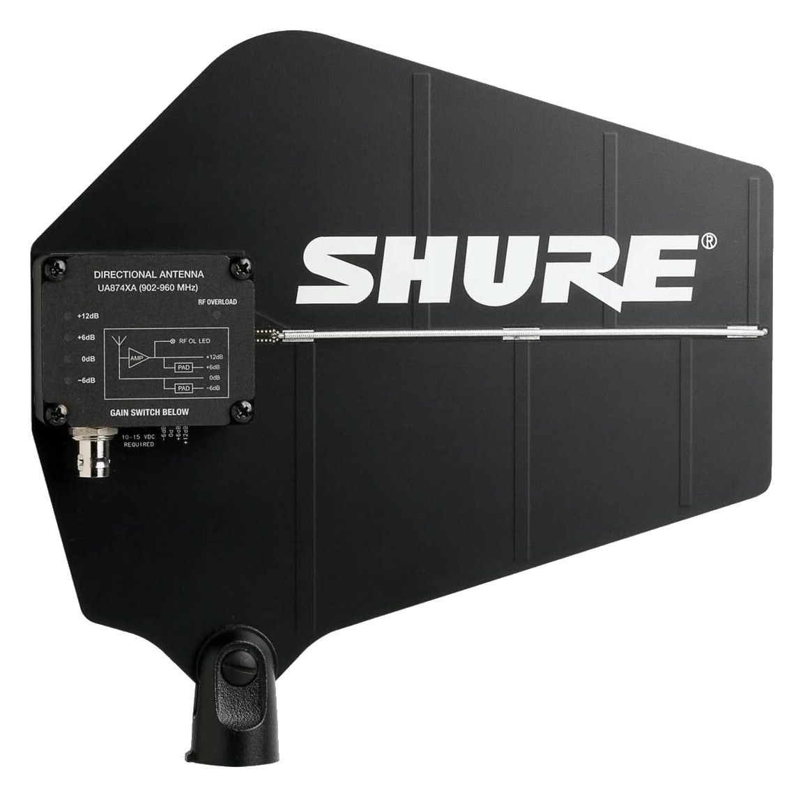 Shure UA874 active directional antenna — LPDA paddle with gain-switch amplifier (Shure family photo, XA-band unit pictured)