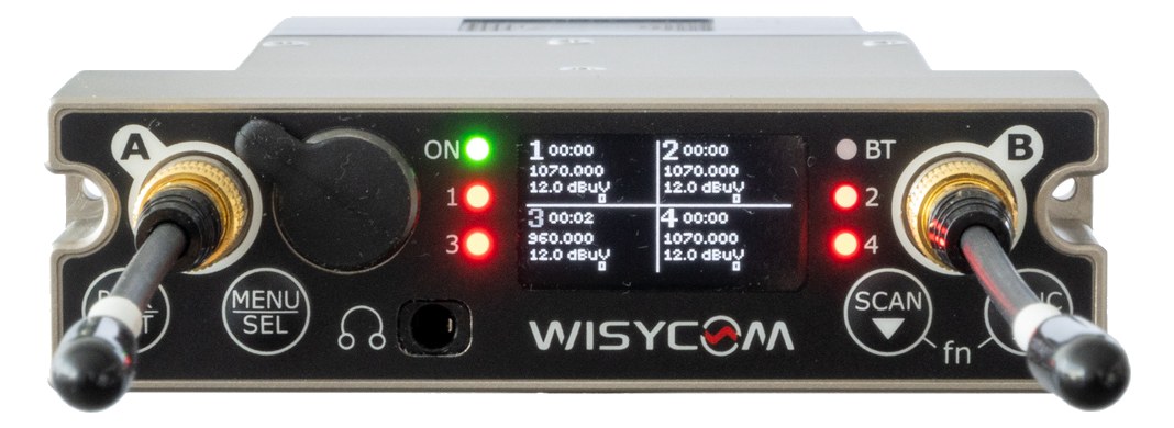 Wisycom MCR54 Quad Wireless Mic Receiver — front panel with antenna inputs and headphone output