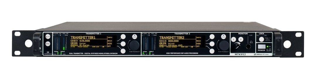 Wisycom MTK952 dual IEM transmitter — 1U front panel with two OLED channel displays
