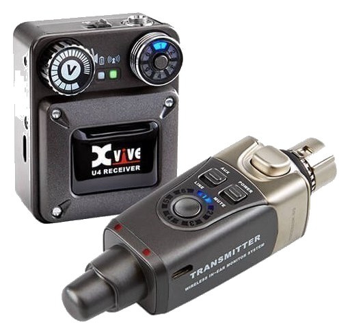 Xvive U4 wireless IEM system — U4R bodypack receiver beside the XLR plug-on transmitter